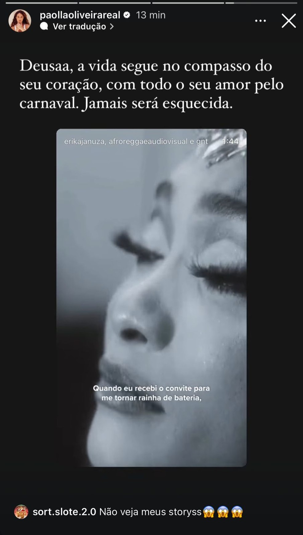 Paolla Oliveira sobre saída de Erika Januza do posto de Rainha de Bateria: "Jamais será esquecida" — Foto: Reprodução/Instagram