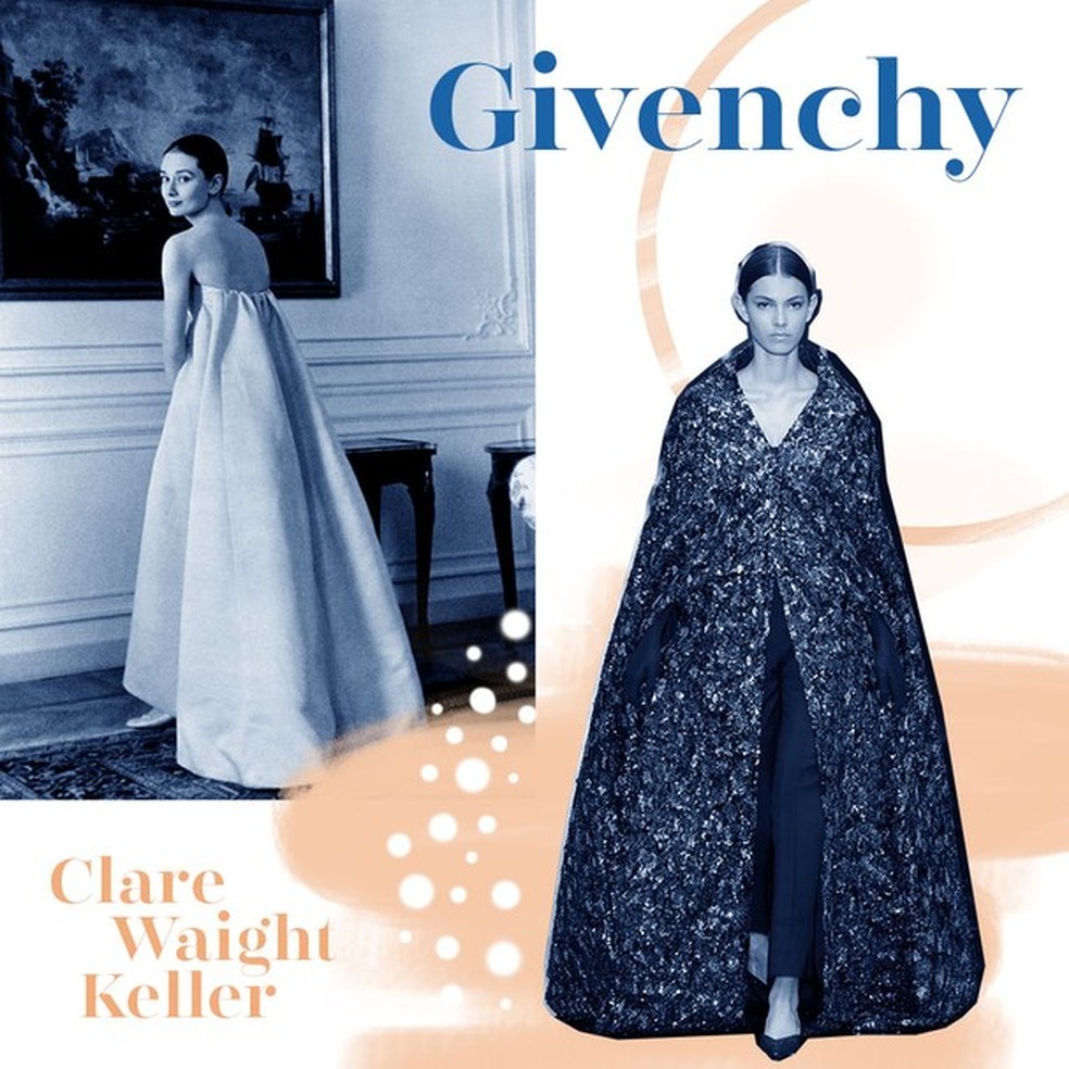 Audrey Hepburn vestida by Givenchy (esquerda) e look da marca assinado por Clare Waight Keller | Foto: Reprodução/Getty Images  — Foto: Glamour