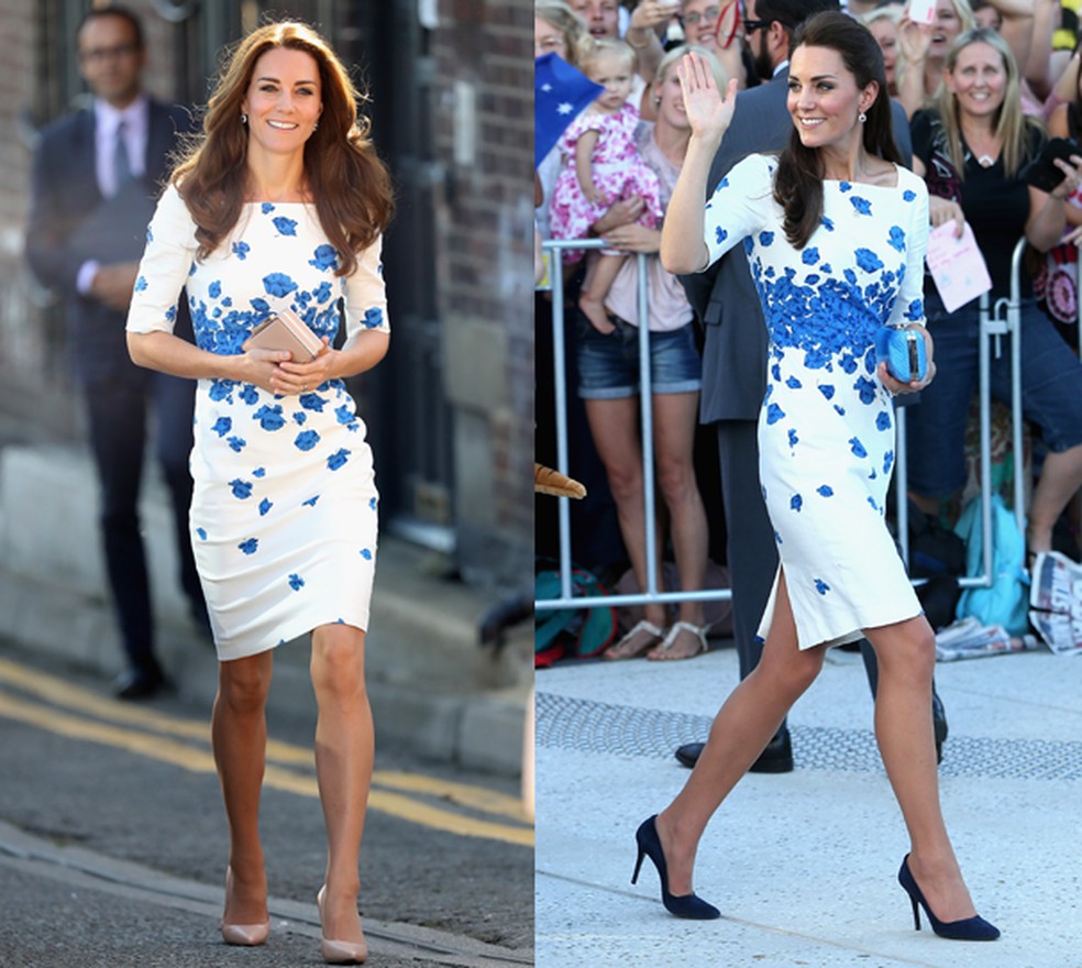 2016 e 2014 usando o mesmo vestido florido da L.K Bennett (Foto: Chris Jackson/ Getty Images) — Foto: Glamour