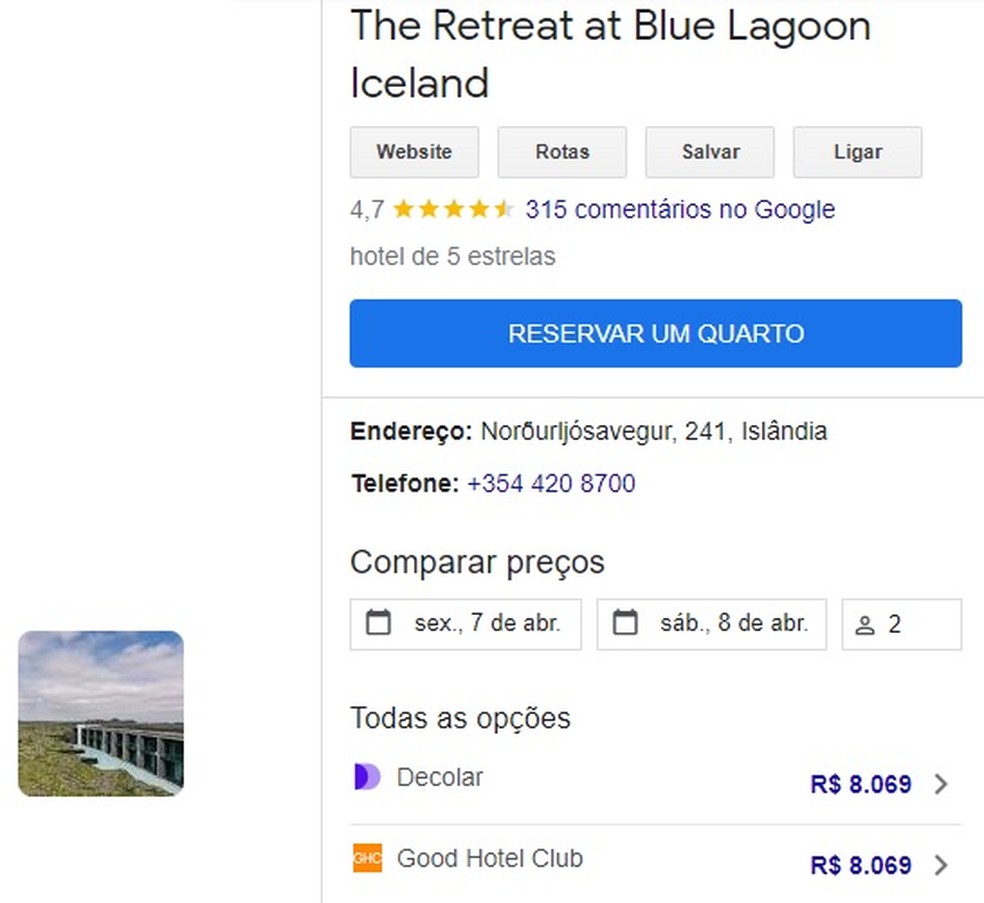 Resort escolhido por Anitta na Islândia tem diárias a partir de R$ 8 mil, de acordo com site especializado — Foto: Reprodução/Google Travel