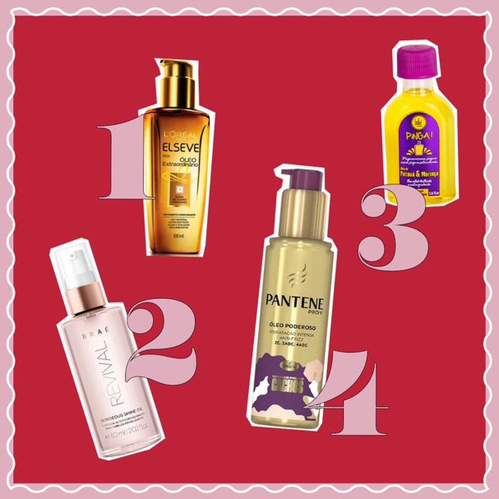 1. Óleo Extraordinário Élseve, L'Oreal Paris, R$ 33; 2. Revival Gorgeous Oil, Braé, R$ 70; 3. Óleo Pinga Patuá e Moringa, Lola Cosmetics, R$ 30; 4. Óleo Capilar Unidas Pelos Cachos, Pantene, R$ 25 (Foto: Divulgação) — Foto: Glamour