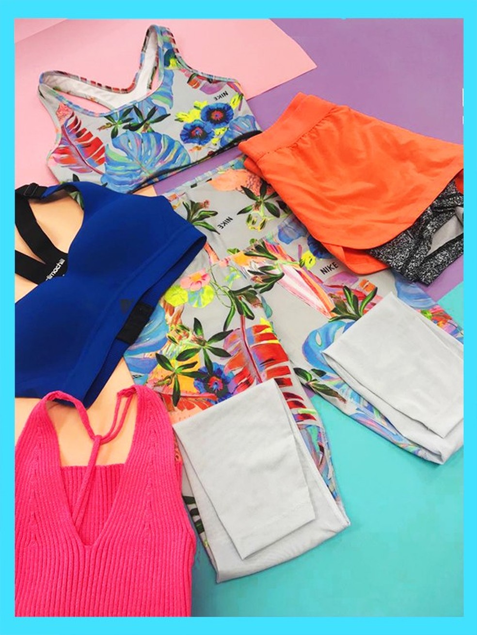 Algumas das peças fitness usadas no desafio: coleção neon da Adidas e look floral da Nike (Foto: Iago Francisco) — Foto: Glamour