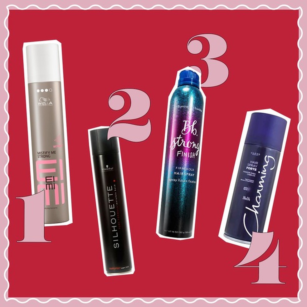 1. Spray EIMI Dynamic Fix, Wella Professionals, R$ 190; 2. Professional Silhouette Super Hold Hairspray, Schwarzkopf , R$ 140; 3. Strong Finish Spray de Fixação, Bumble and Bumble, R$ 192; 4. Spray de fixação forte, Charming, R$ 15 (Foto: Divulgação) — Foto: Glamour