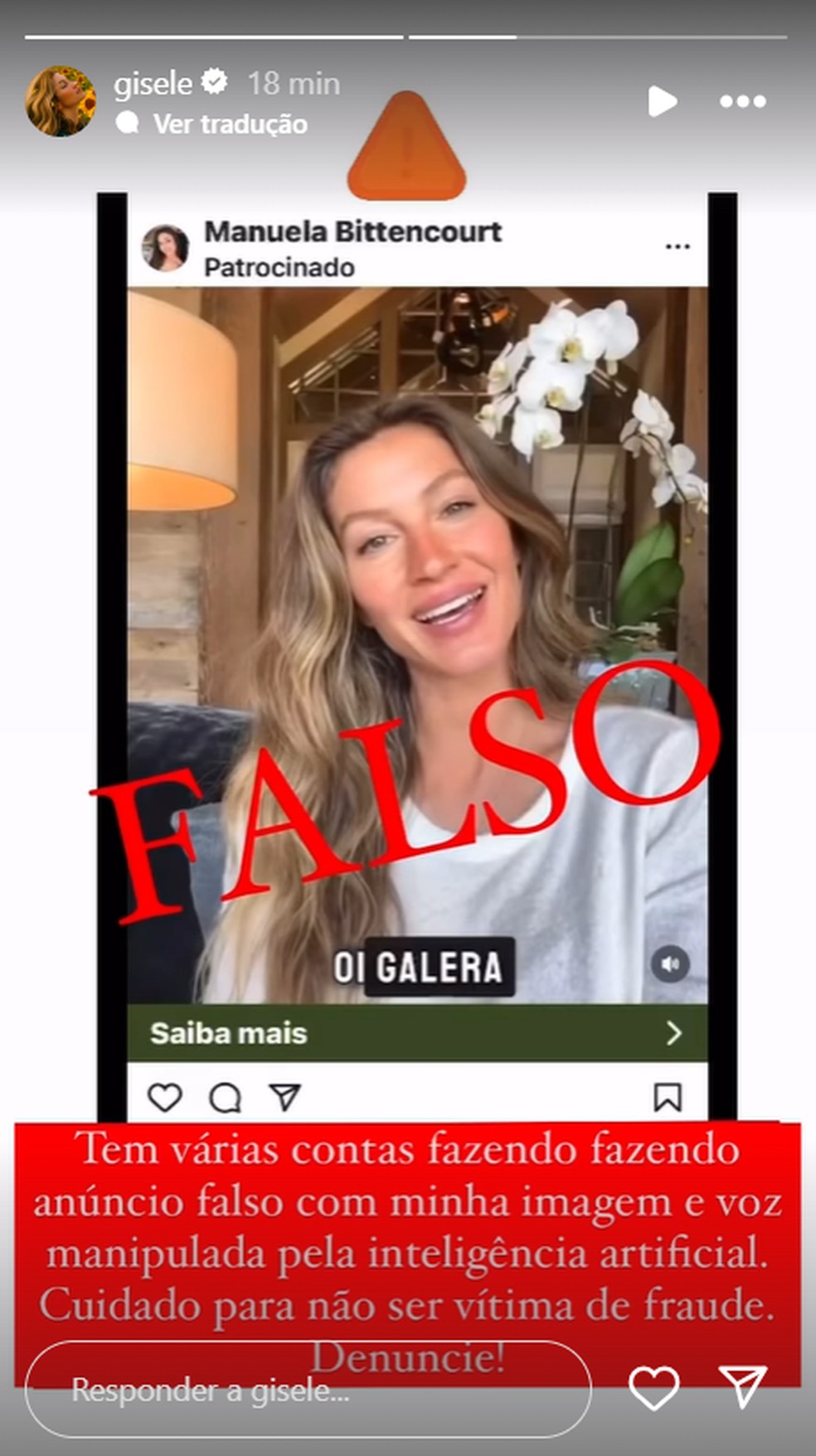 Gisele Bündchen denuncia uso de sua imagem IA fake para aplicar golpes — Foto: Reprodução/Instagram