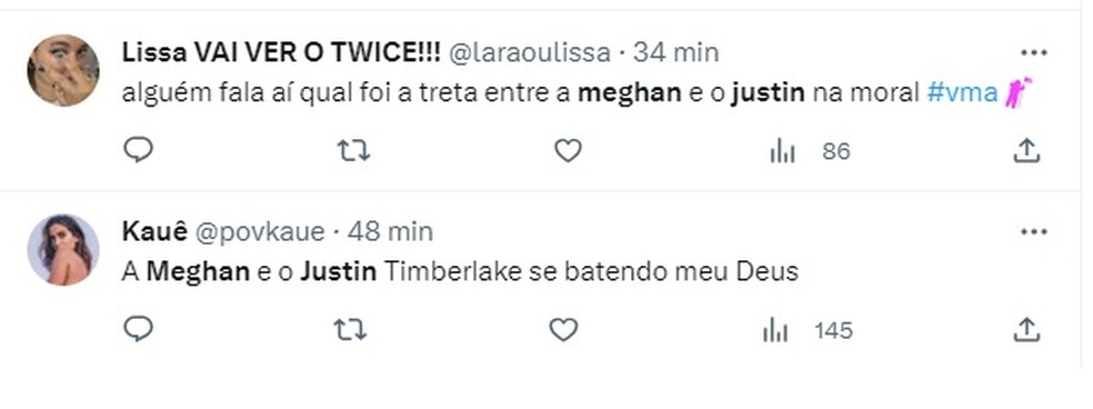 Internautas especulam sobre troca entre Meghan Thee Stallion e Justin Timberlake no VMA 2023 — Foto: Reprodução/Twitter