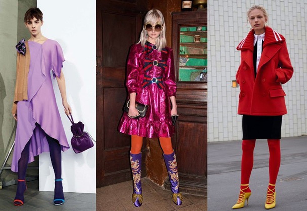 Meia calça colorida. Da esq. pra dir. : Emilio Pucci, Gucci e Givenchy (Foto: Divulgação) — Foto: Glamour