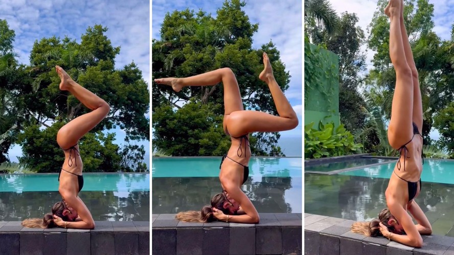 De biquíni, Izabel Goulart mostra manhã de yoga: 'Perdi o ar'