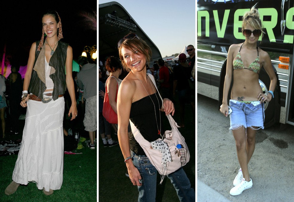 Coachella: Alessandra Ambrosio (2009), Cameron Diaz (2007) e Nicole Richie (2005) — Foto: Getty Images