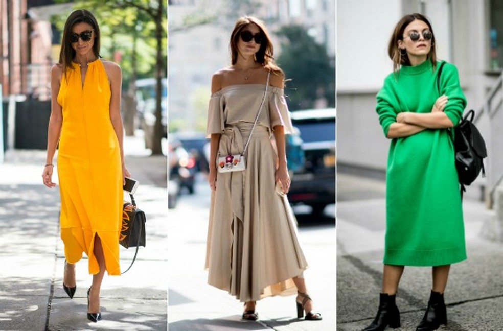 Tendências do streetstyle: vestidos em cores vibrantes (Foto: Imaxtree) — Foto: Glamour