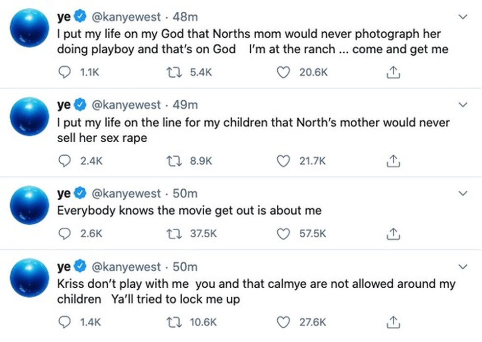 Kanye West faz desabafo no Twitter, diz que Kim Kardashian quer interná-lo em clínica, apaga e divulga novo álbum (Foto: Reprodução/Twitter) — Foto: Glamour