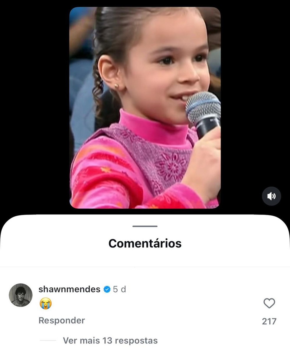 Shawn Mendes comenta em vídeo de Bruna Marquezine criança — Foto: Reprodução/Instagram