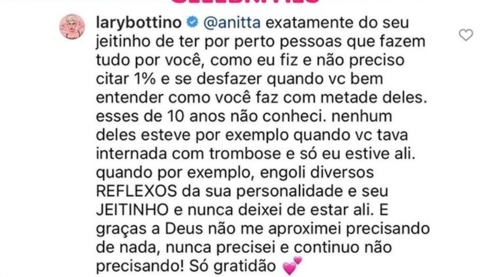 Resposta de Lary Bottino (Foto: Reprodução Instagram) — Foto: Glamour
