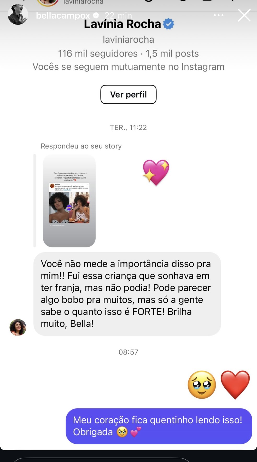 Bella compartilha mensagem de seguidora — Foto: Reprodução/Instagram