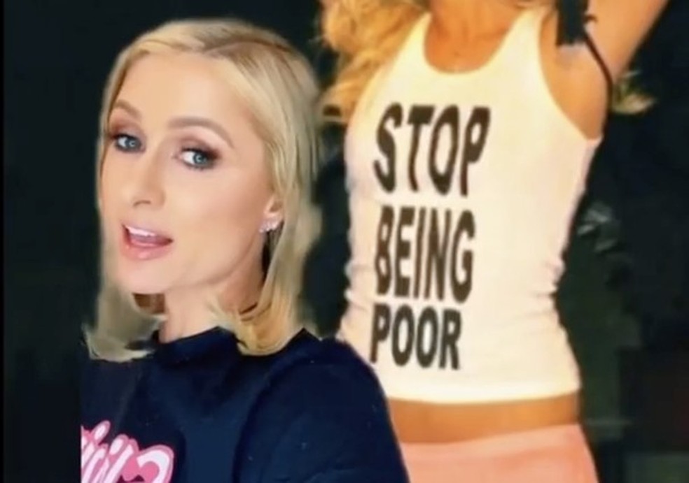 Paris Hilton revela que camiseta com a frase "Parem de ser pobres" nunca existiu (Foto: TikTok) — Foto: Glamour