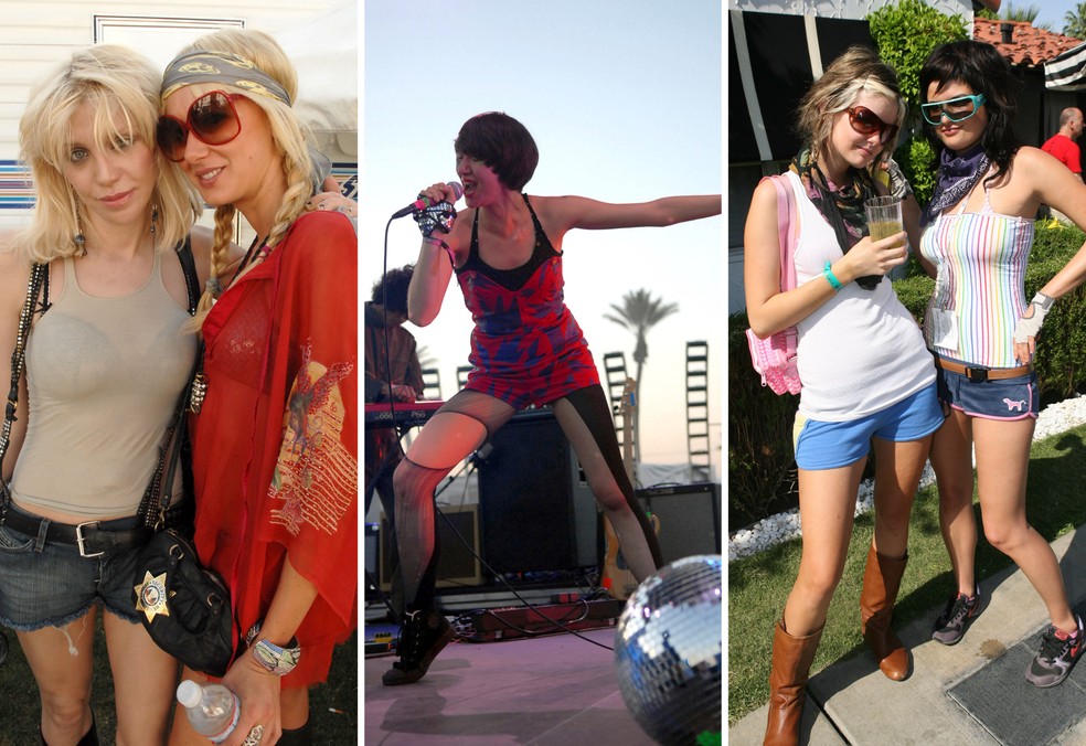 Coachella: Courtney Love e Kimberly Stewart (2007), a vocalista Karen O durante performance dos Yeah Yeah Yeahs (2006) e duas convidadas (2007) — Foto: Getty Images