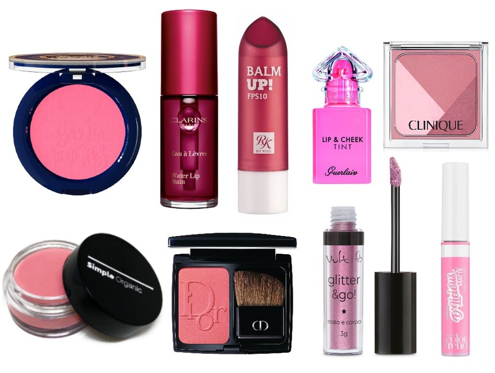 1. BT Blush, da Bruna Tavares, por R$ 32 |2. Lip + Cheek, da Simple Organic, por R$ 68 | 3. Water Lip Stain, da Clarins, por R$ 189 |4. Diorskin Rouge Blush, da Dior, por R$ 269 |5. Balm Up, da RK By Kiss, por R$ 12,99 |6. Lip & Cheek La Petite Robe Noir, da Guerlain, por R$ 160 | 7. Glitter & Go, da Vult, por R$ 19,30 |8. Blush Sculpture, da Clinique, por R$ 209 | 9. Batom Líquido D'Licious, da Avon, por R$ 16,99 (Foto: Divulgação) — Foto: Glamour