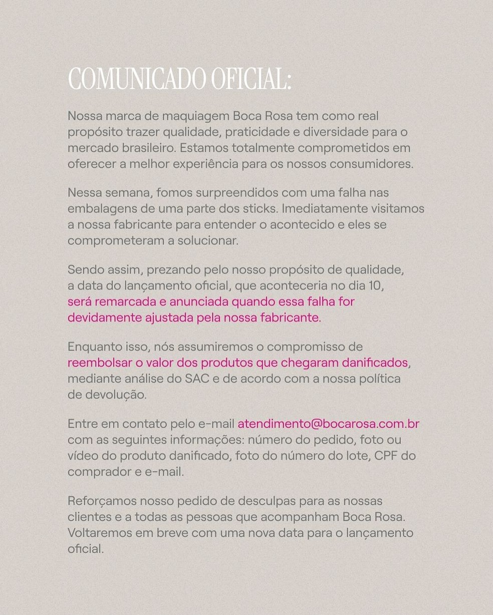 Boca Rosa adia lançamento da marca após relatos de problemas nas embalagens — Foto: Divulgação