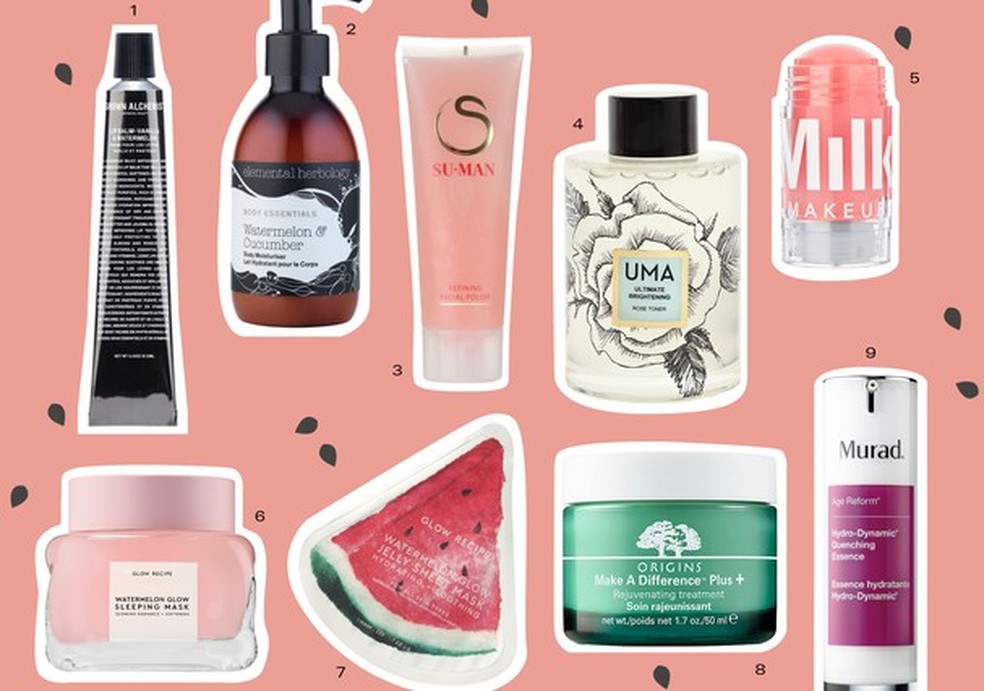 Produtos de beleza com melancia (Foto: Arte/ Stephanie Eche) — Foto: Glamour