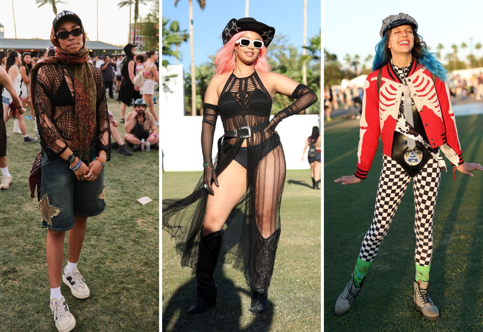 Público do Coachella: 2025 (esquerda) e 2024 (centro e direita) — Foto: Getty Images