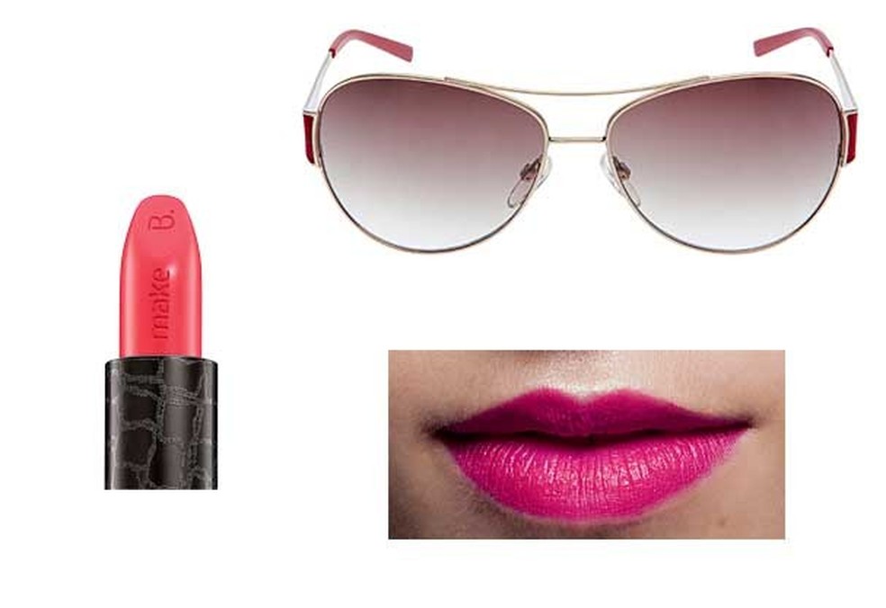 Batom Make B. Acid Pink, R$ 35, O Boticário. Óculos Aviador, R$ 349, Ana Hickmann para GO Eyewear. (Foto: ImaxTree e Divulgação) — Foto: Glamour