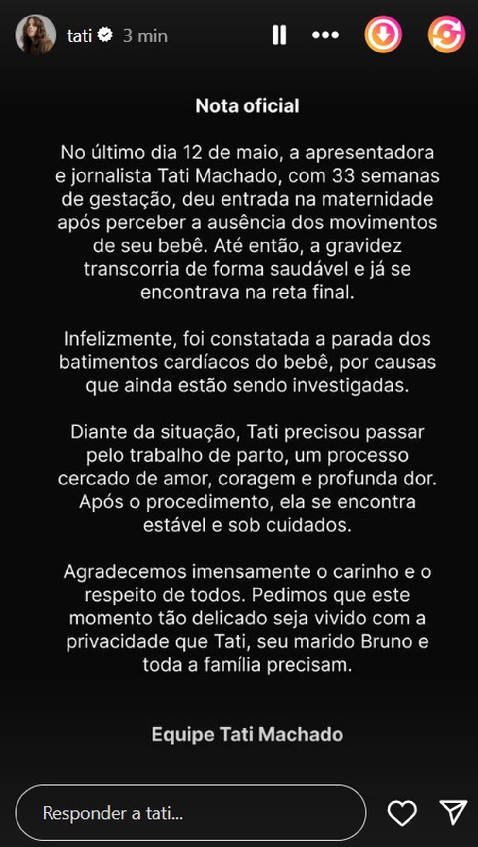 Tati Machado relata perda do bebê — Foto: Instagram