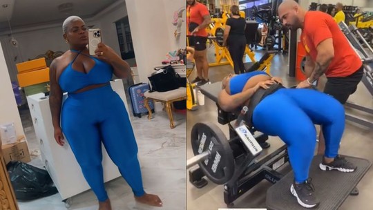 De conjunto azul, Jojo Todynho pega pesado na academia em treino de perna
