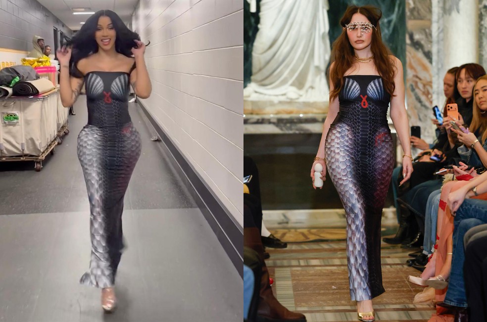 Cardi B usou um vestido sereia tomara que caia da Di Petsa na festa pós-show de sua turnê em Boston — Foto: Reprodução/Instagram - Getty Images