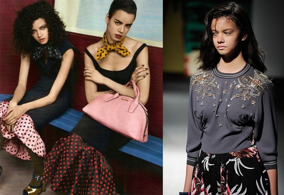 Marina (esquerda) posa ao lado da modelo marroquina Hind Sahli na campanha de outono-inverno 2013/14 da Miu Miu e na passarela da Prada, no desfile masculino de primavera/verão 2014 (Foto: Divulgação/Getty Images) — Foto: Glamour