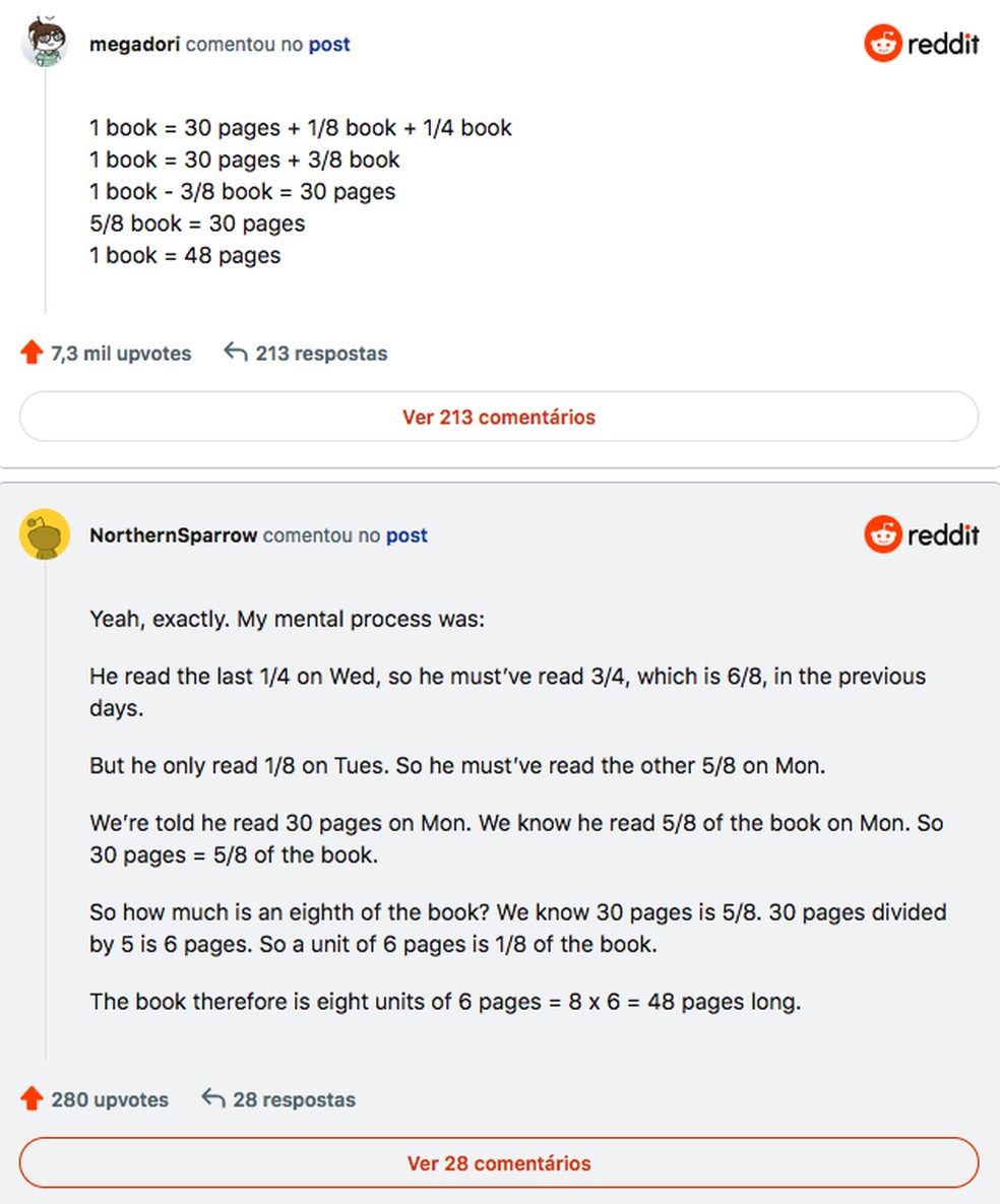 Questão de matemática em prova de  crianças de 10 anos viraliza a web — Foto: Reddit