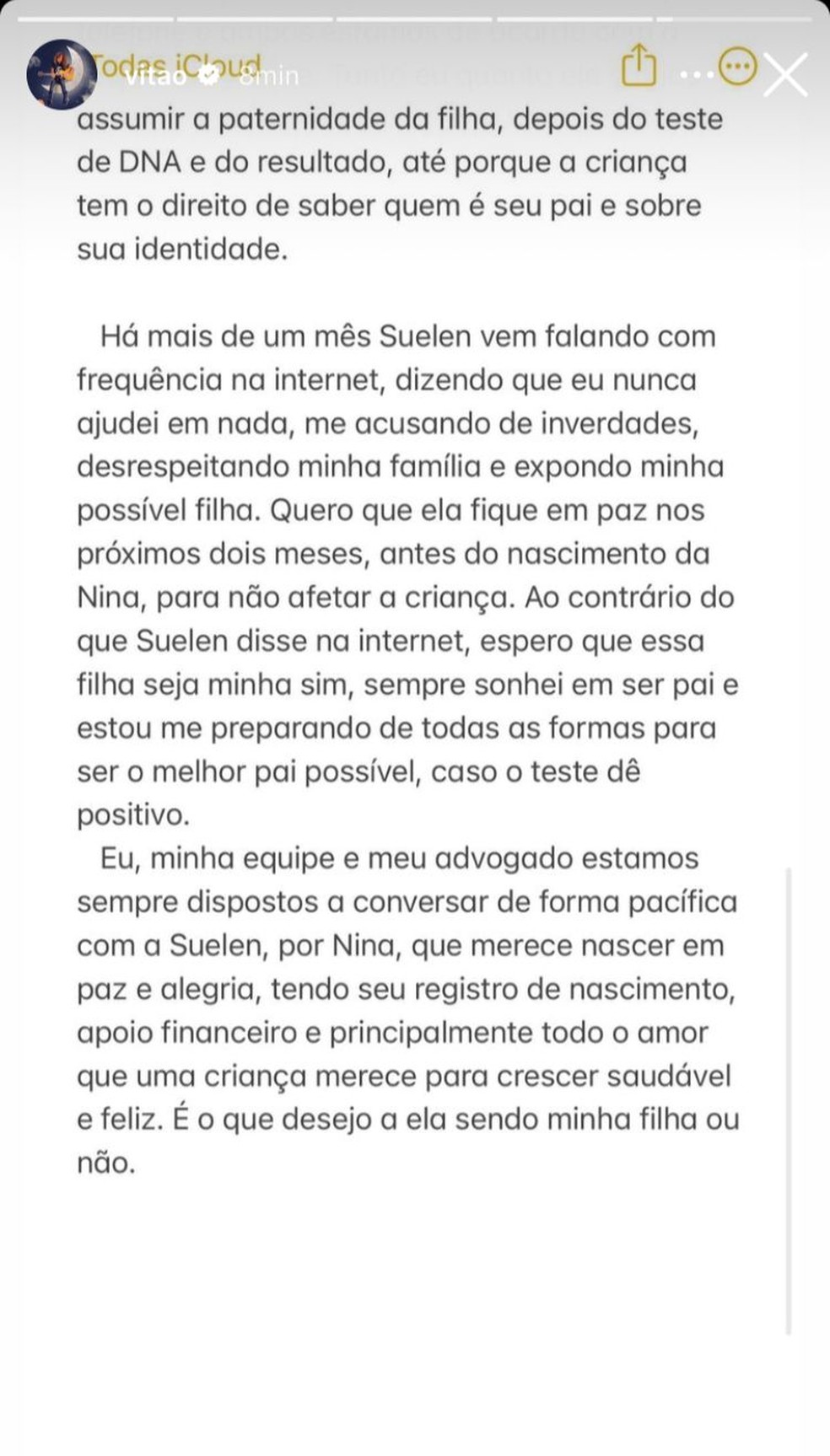 Vitão esclarece polêmicas com Suelen Gervásio — Foto: Reprodução/Instagram