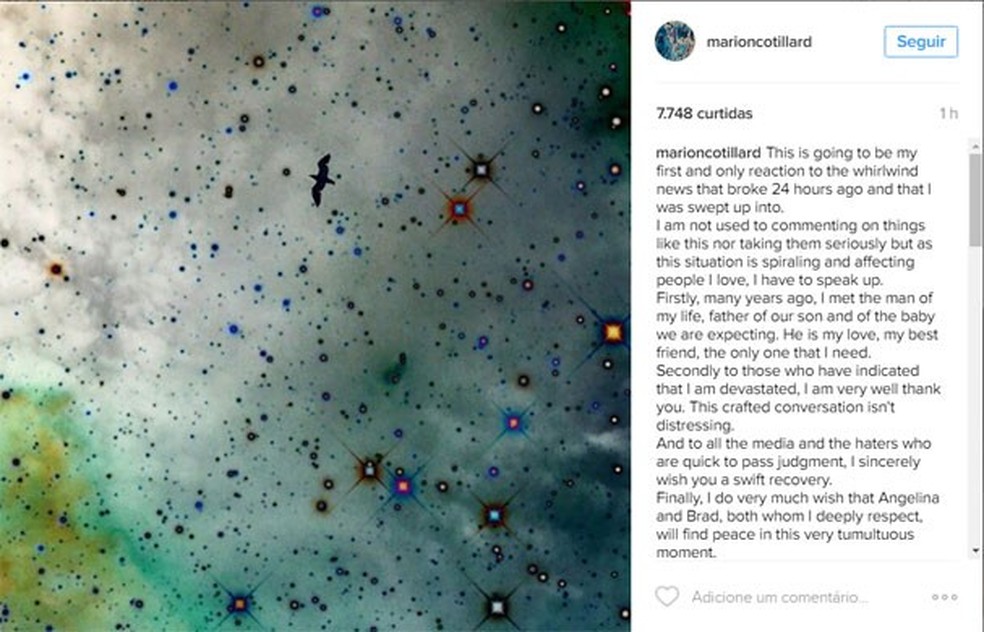 Marion Cotillard publica desabafo no Instagram (Foto: Reprodução/Instagram) — Foto: Glamour