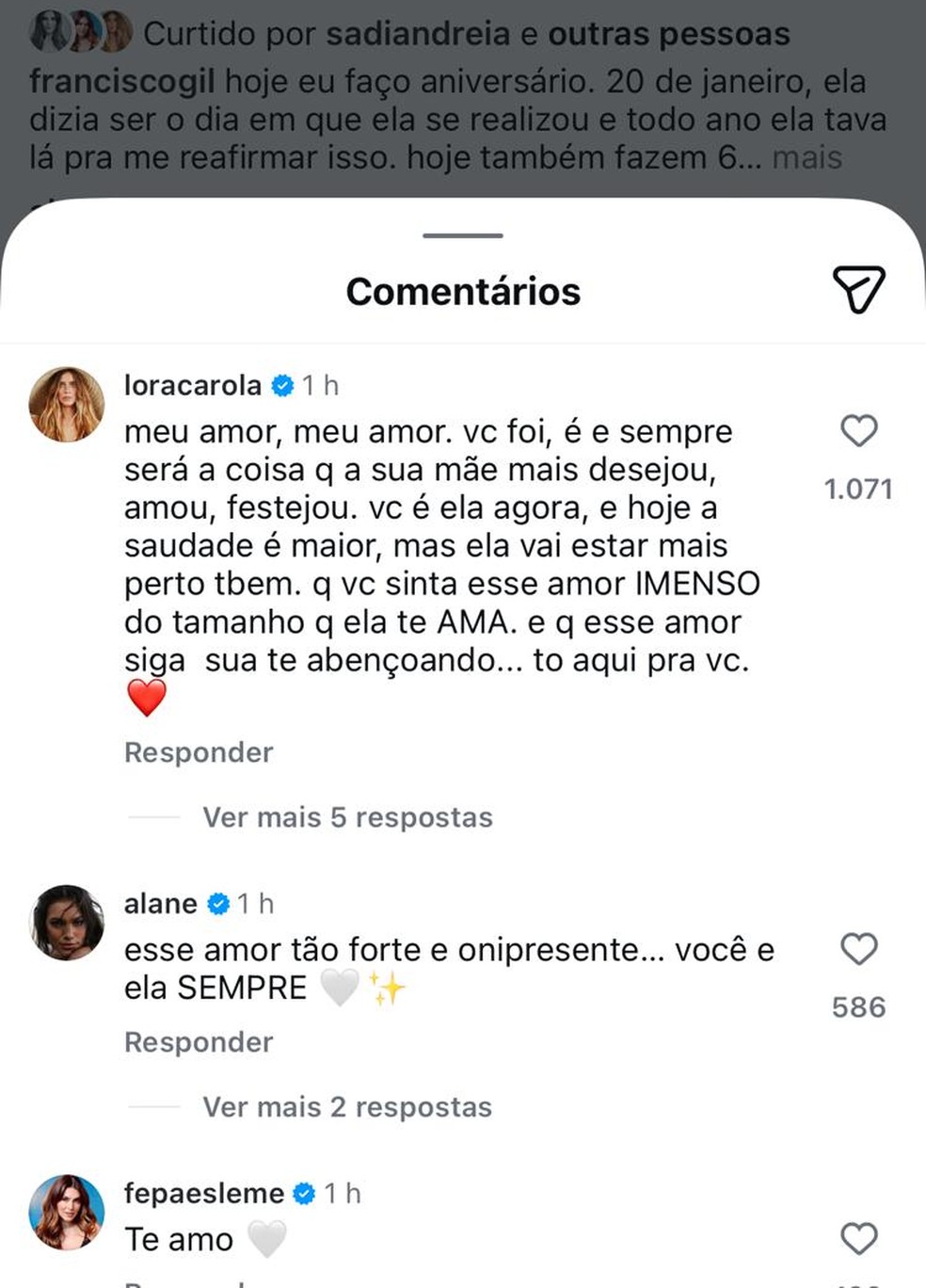 Comentários na postagem de Francisco Gil — Foto: Reprodução/Instagram