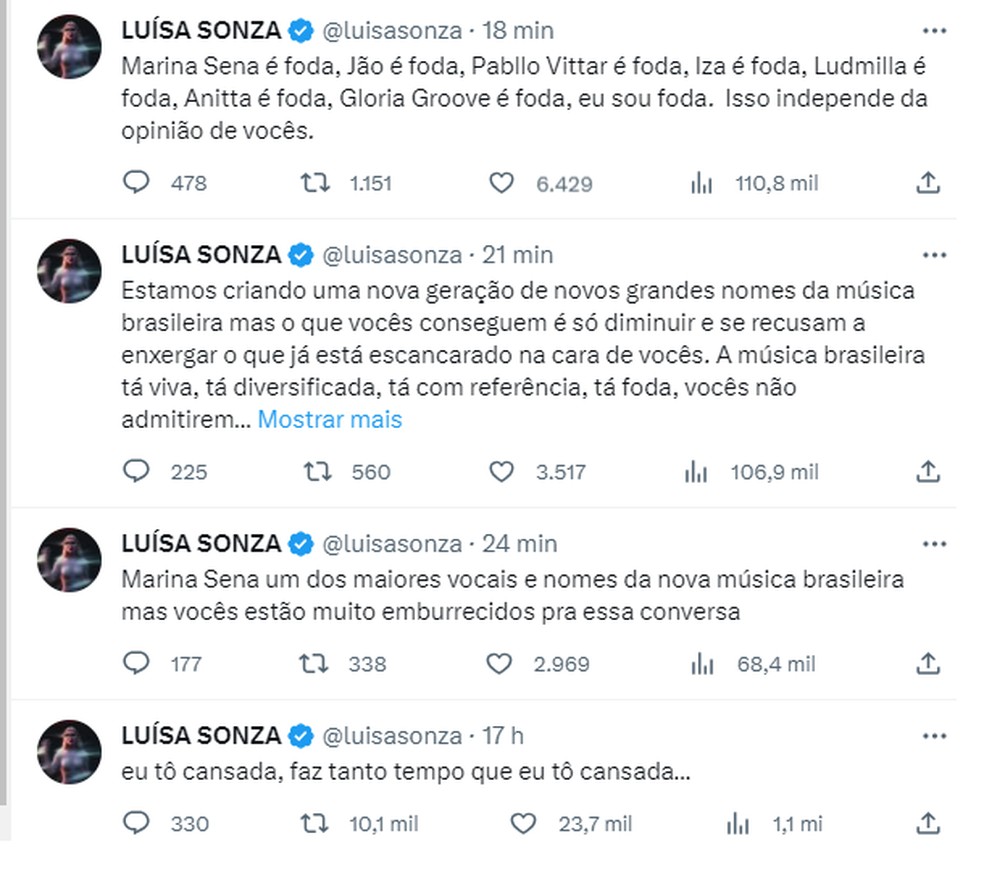Posts de Luísa Sonza — Foto: Reprodução/Twitter