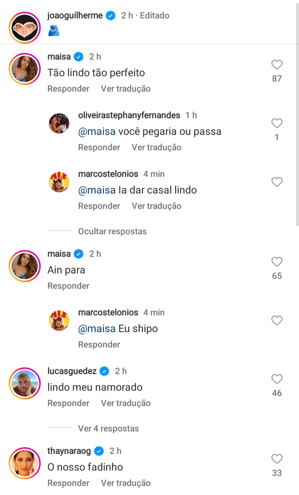 Comentários no post de João Guilherme — Foto: Reprodução/Instagram