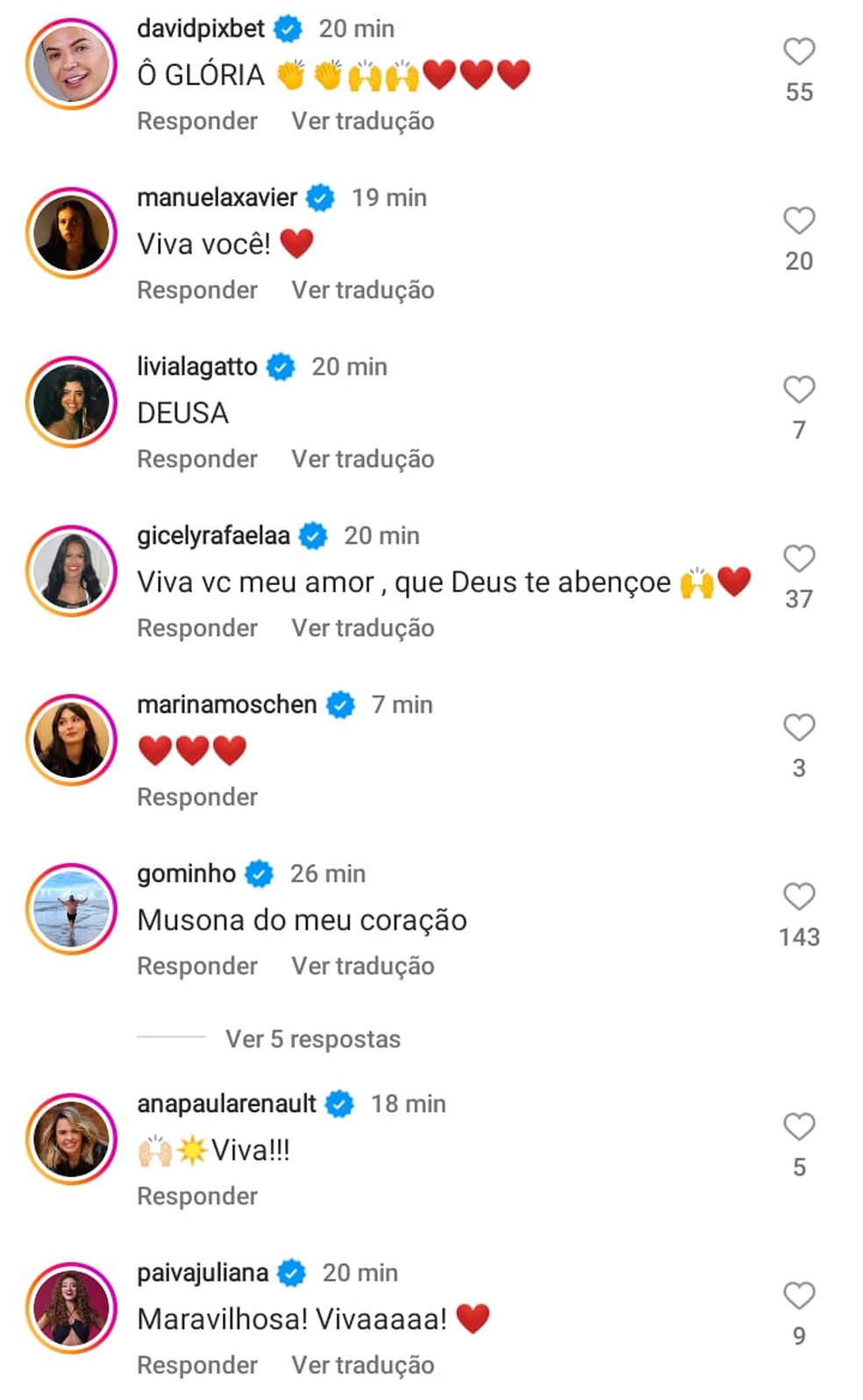 David Brasil, Juliana Paiva, Gominho e Ana Paula Renault deixaram comentários de apoio para a cantora — Foto: Reprodução/Instagram