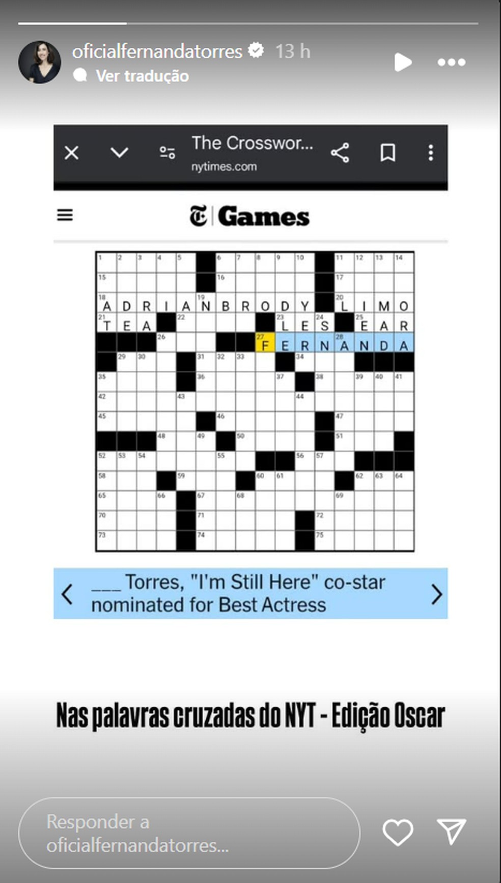 Fernanda Torres mostra seu novo em jogo de palavras cruzadas do New York Times — Foto: Reprodução/Instagram