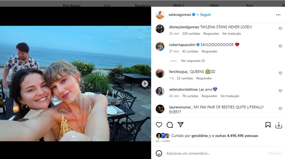 Reações dos fãs aos cliques de Selenta e Taylor, que reuniu mais de 4 milhões de likes em uma hora — Foto: Reprodução/Instagram