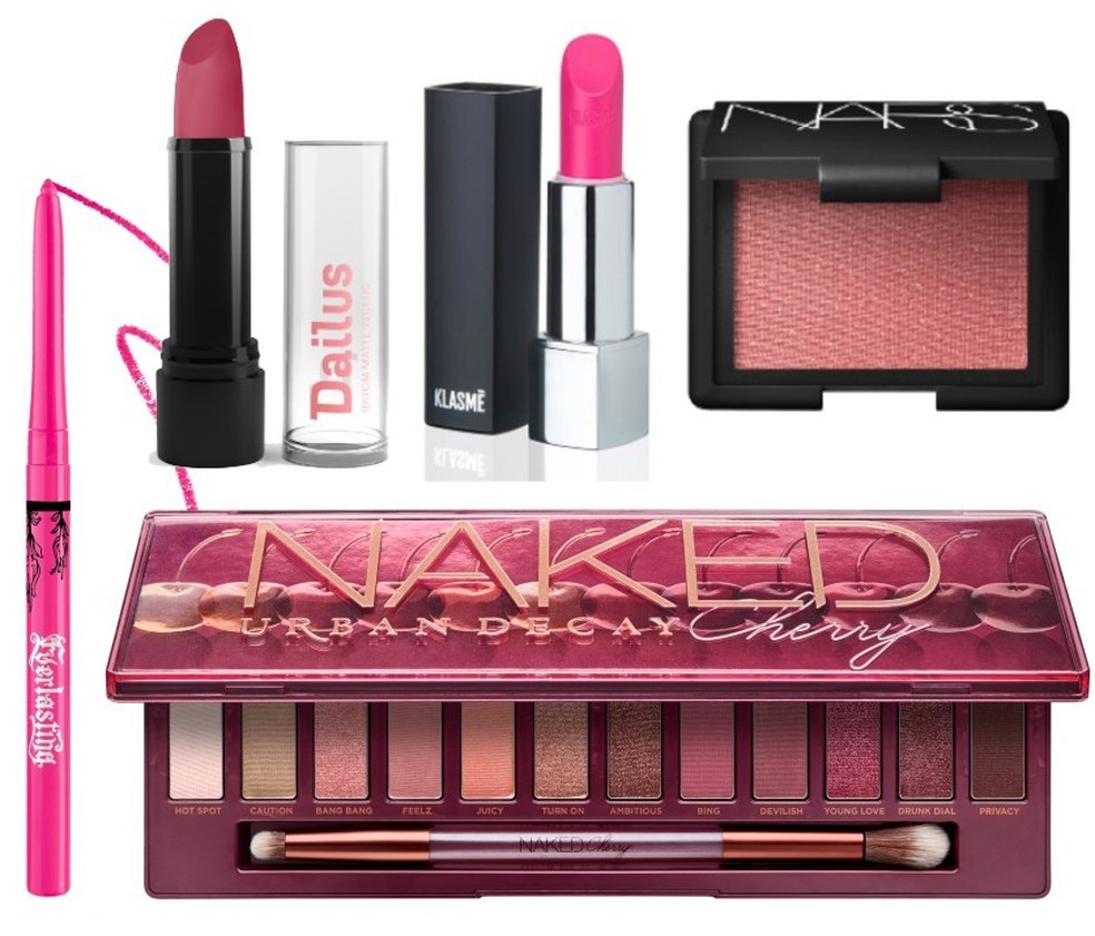 1. Everlasting Lip Liner, da Kat Von D Beauty, por R$95 |2. Batom vegano, da Dailus, por R$ 9,90 | 3. Batom em bala, da Klasme, por R$ 51 |4. Blush, da Nars, por R$ 186 |5. Paleta de sombras Naked Cherry, da Urban Decay, por R$ 369 (Foto: Divulgação) — Foto: Glamour