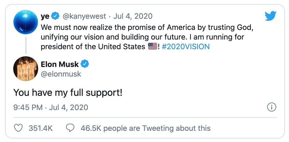 Anúncio oficial de Kanye West sobre a corrida eleitoral de 2020, com comentário de Elon Musk mostrando total apoio (Foto: Twitter/KanyeWest) — Foto: Glamour