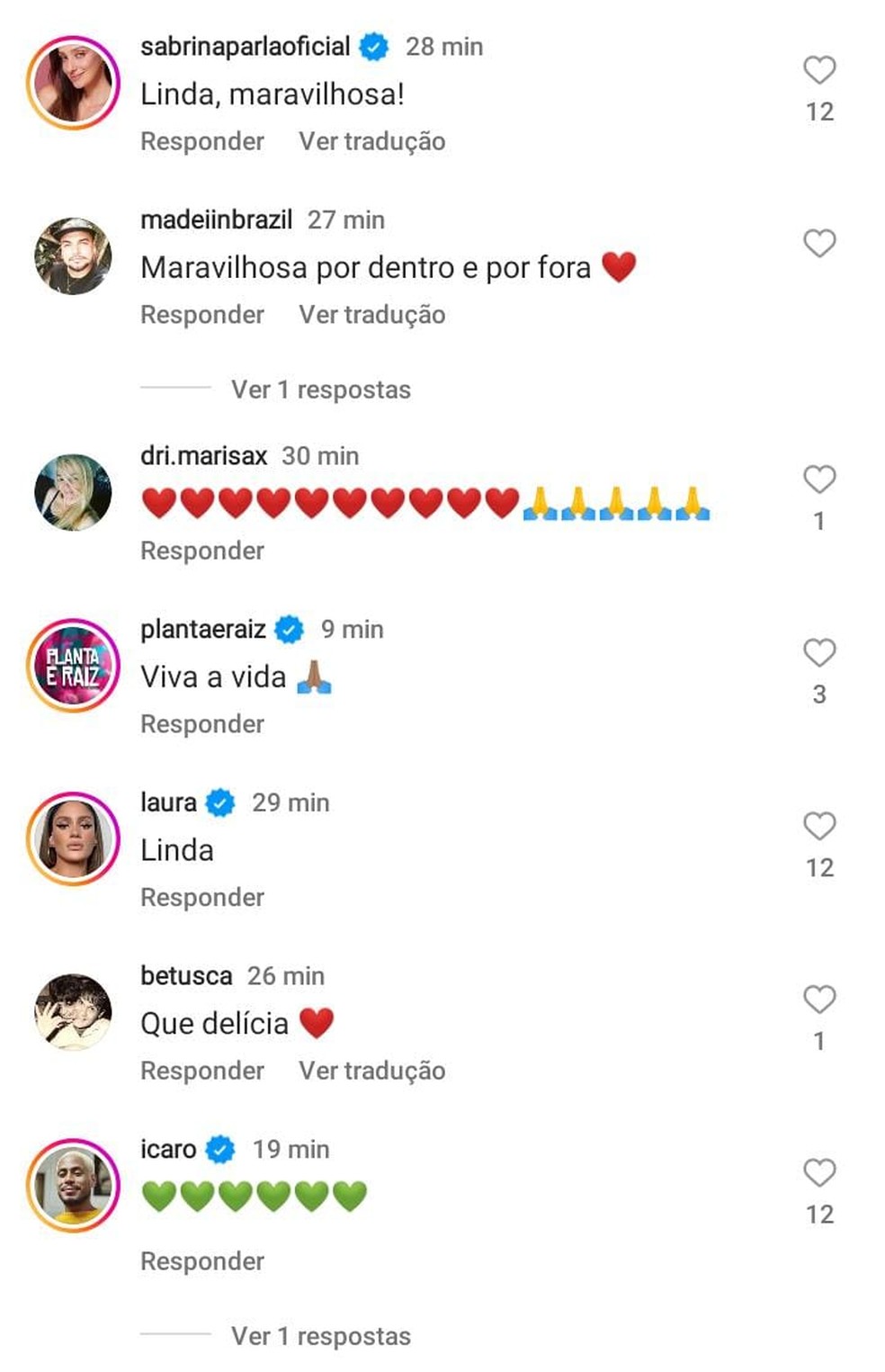 Ícaro Silva, Laura Fernandez e Sabrina Parlatore também deixaram comentários em post de Preta Gil — Foto: Reprodução/Instagram