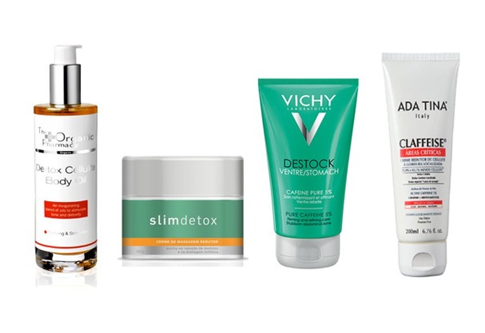 Da esq. pra . dir: Detox cellulite body oil £ 70,90 (cerca de R$ 320) theorganicpharmacy.com; Slim Detox R$ 129 dermage.com.br; Destock (com cafeína) R$ 139,30 netfarma.com.br; Claffeise R$ R$ 186,90 belezanaweb.com.br (Foto: Divulgação) — Foto: Glamour