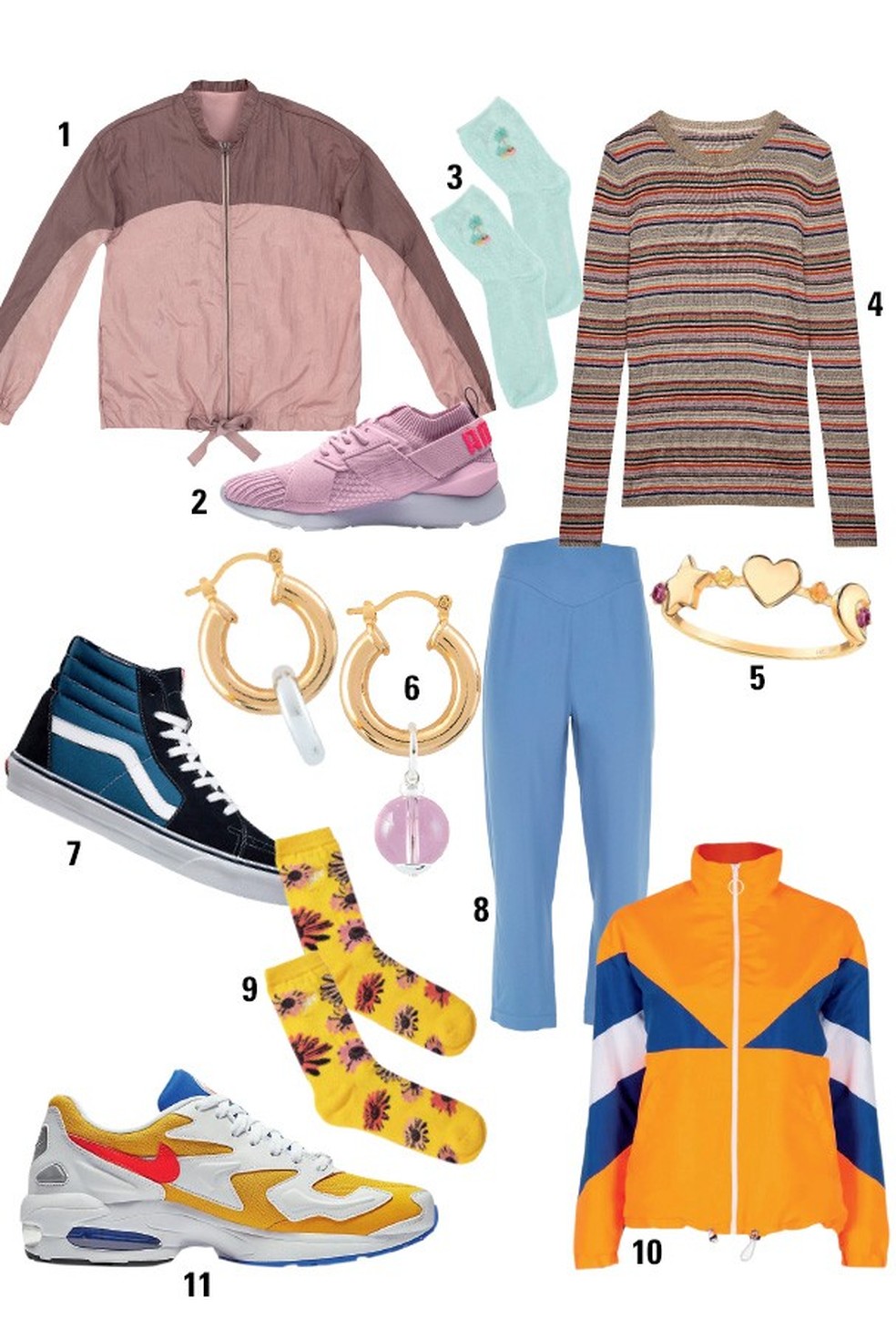1. Dzarm, R$ 320; 2. Puma, R$ 450; 3. Surreal São Paulo, R$ 35; 4. Tommy Hilfiger, R$ 700; 5. Montecarlo, R$ 2.290; 6. Gostou Acessórios, R$ 98; 7. Vans, R$ 350; 8. Framed, R$ 1.180; 9. Bolovo, R$ 35; 10. Amaro, R$ 270; 11.Nike, R$ 580 (Foto: Alain Nathan) — Foto: Glamour