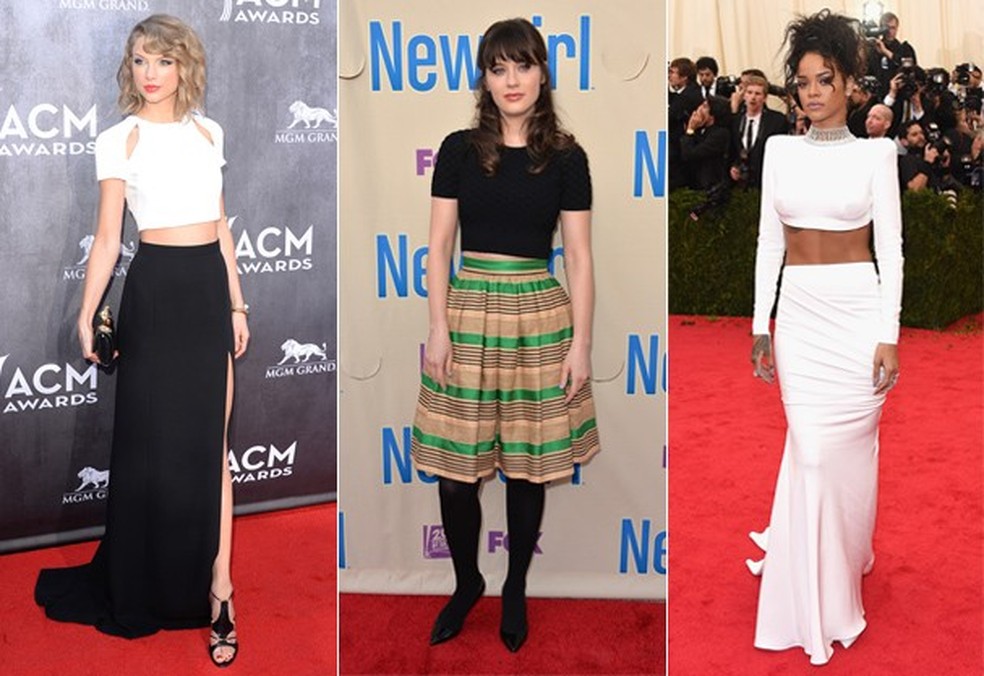 Taylor Swift,  Zooey Deschanel e Rihanna: adeptas do top cropped (Foto: Getty Images) — Foto: Glamour