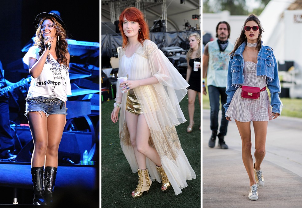 Coachella: Beyoncé (2010), Florence Welch (2010) e Alessandra Ambrosio (2018) — Foto: Getty Images
