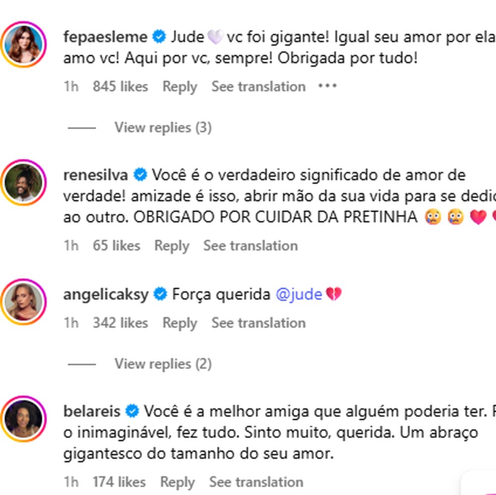 Famosos agradecem Jude Paulla por apoio nos últimos momentos de Preta Gil — Foto: Reprodução/Instagram