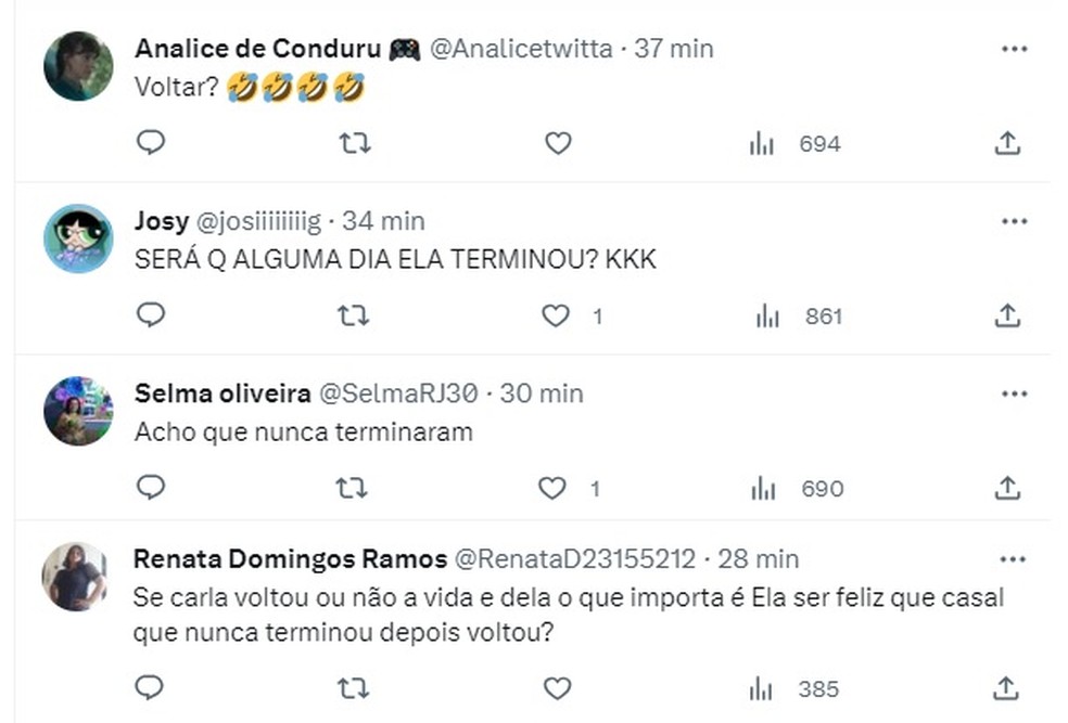 Internautas comentam sobre retorno do relacionamento de Carla Diaz e Felipe Becari — Foto: Reprodução/Twitter