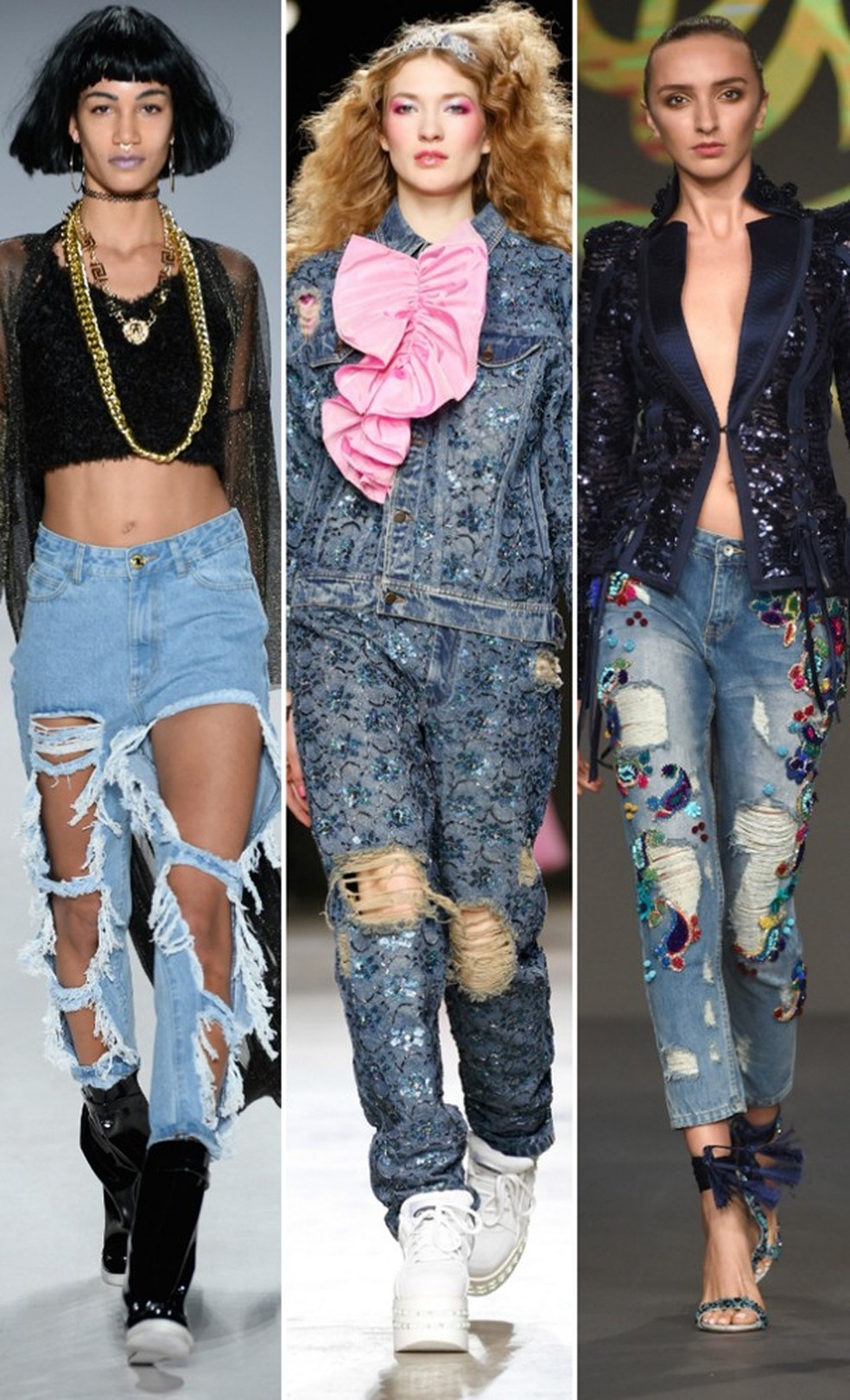 Direto das passarelas: Fig & Viper, Ashish e Soltana foram algumas das marcas que rasgaram o jeans nas semanas de moda - ora inventaram no acabamento do rasgo, ora abusaram de aplicações no jeans pra dar mais bossa à tendência (Foto: Getty Images) — Foto: Glamour