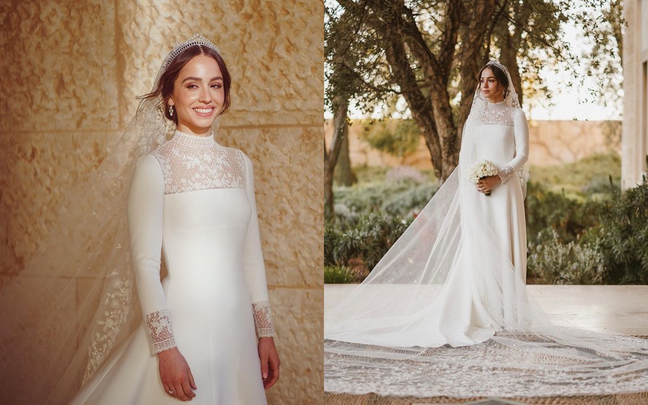 Os detalhes do vestido de noiva luxuoso da princesa da Jordânia; veja fotos  do casamento, vestidos de noivas das princesas reais 