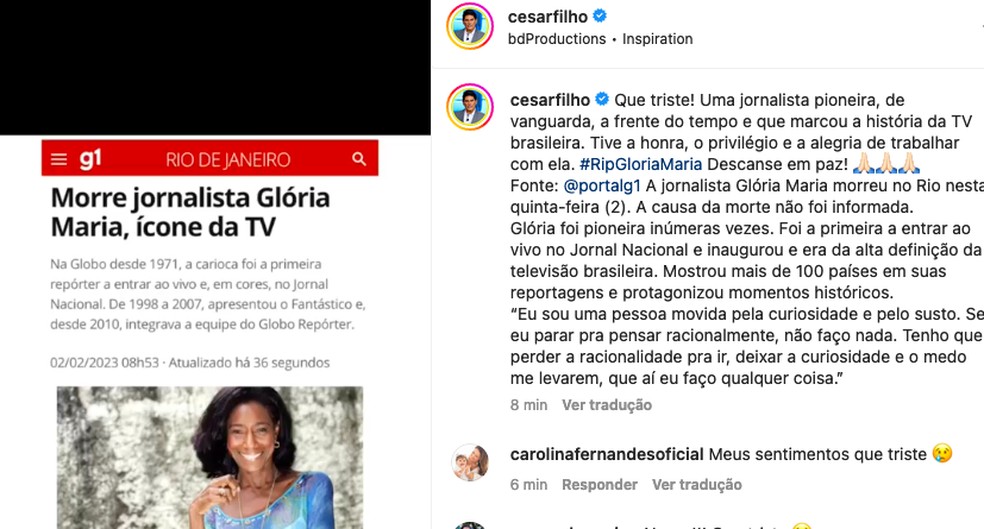 César Filho lamenta morte de Gloria — Foto: Reprodução/Instagram