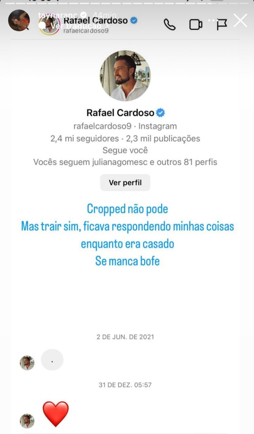 Flerte de Rafael Cardo com Taynara Nunes — Foto: Reprodução/Instagram